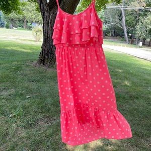 Neon pink polka dot high low dress